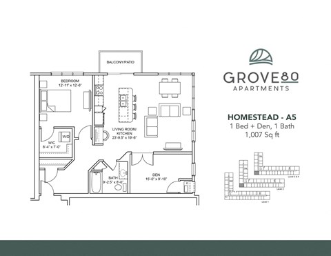 Floor plan for 1 bed, 1 bath, 1007 sqft